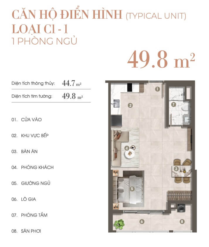 căn hộ 1 phòng ngủ The Privé C1-1