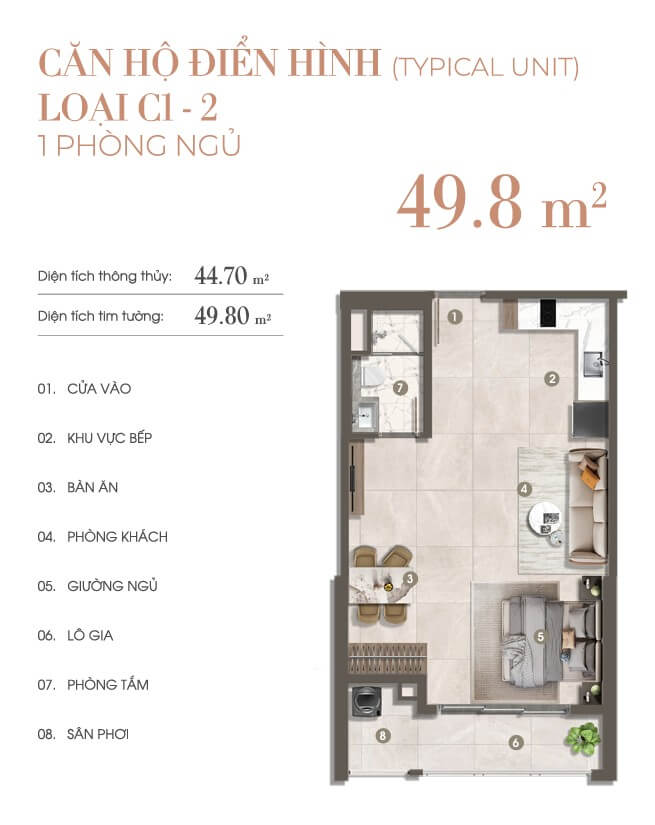 căn hộ 1 phòng ngủ The Privé C1-2