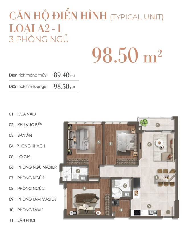 căn hộ 3 phòng ngủ The Privé A2-1