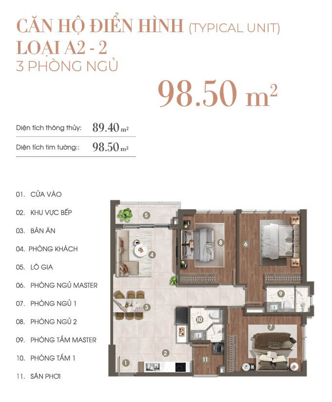 căn hộ 3 phòng ngủ The Privé A2-2