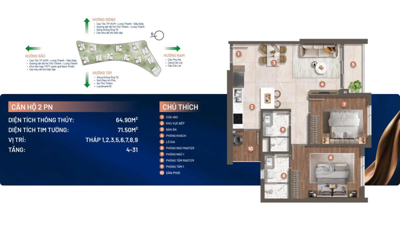 chú thích căn hộ 2 phòng ngủ The Privé