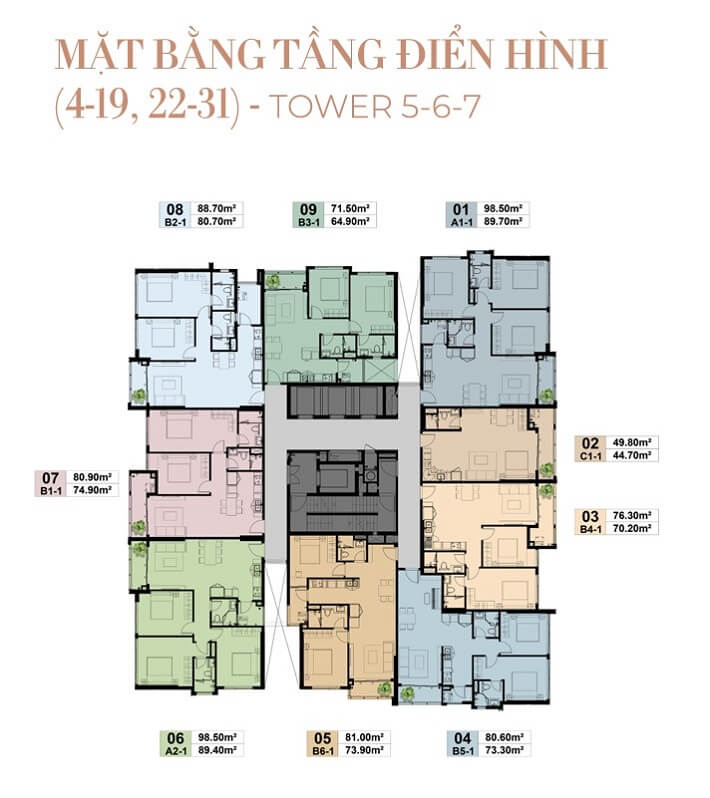mặt bằng căn hộ The Privé tầng 4-31 tháp 5-6-7