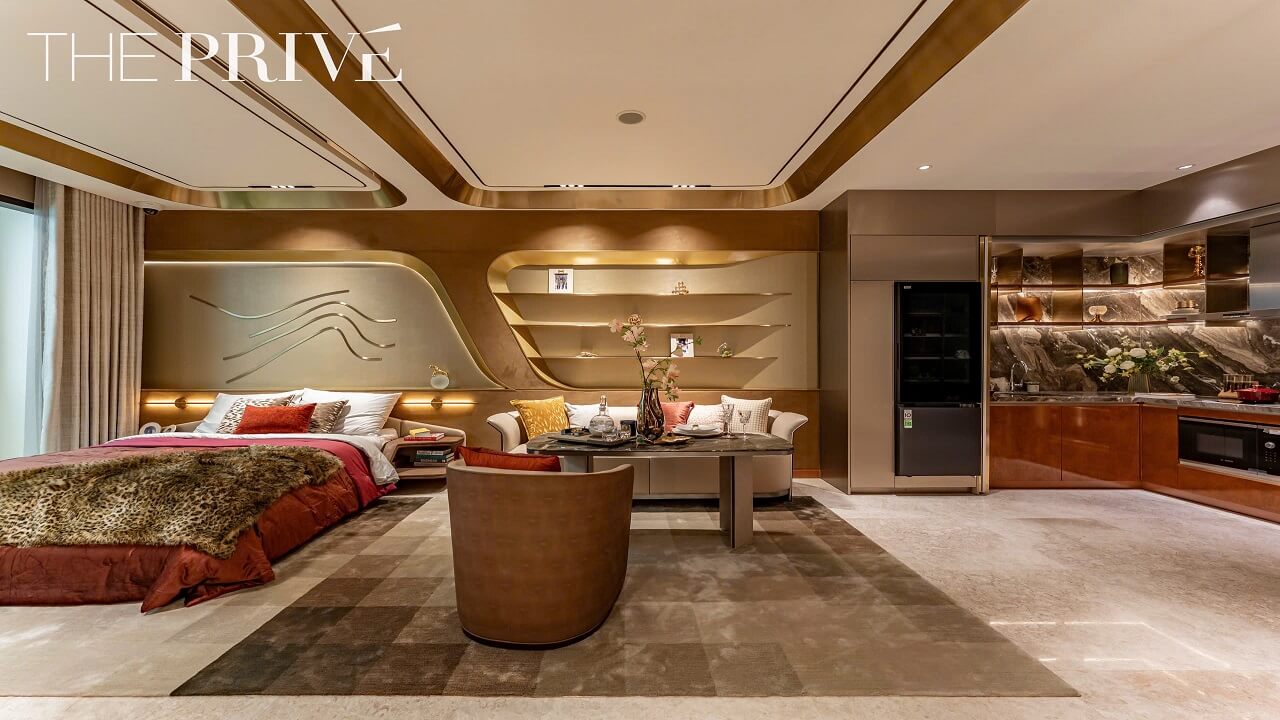 hình thiết kế mẫu căn hộ 1 phòng ngủ The Privé